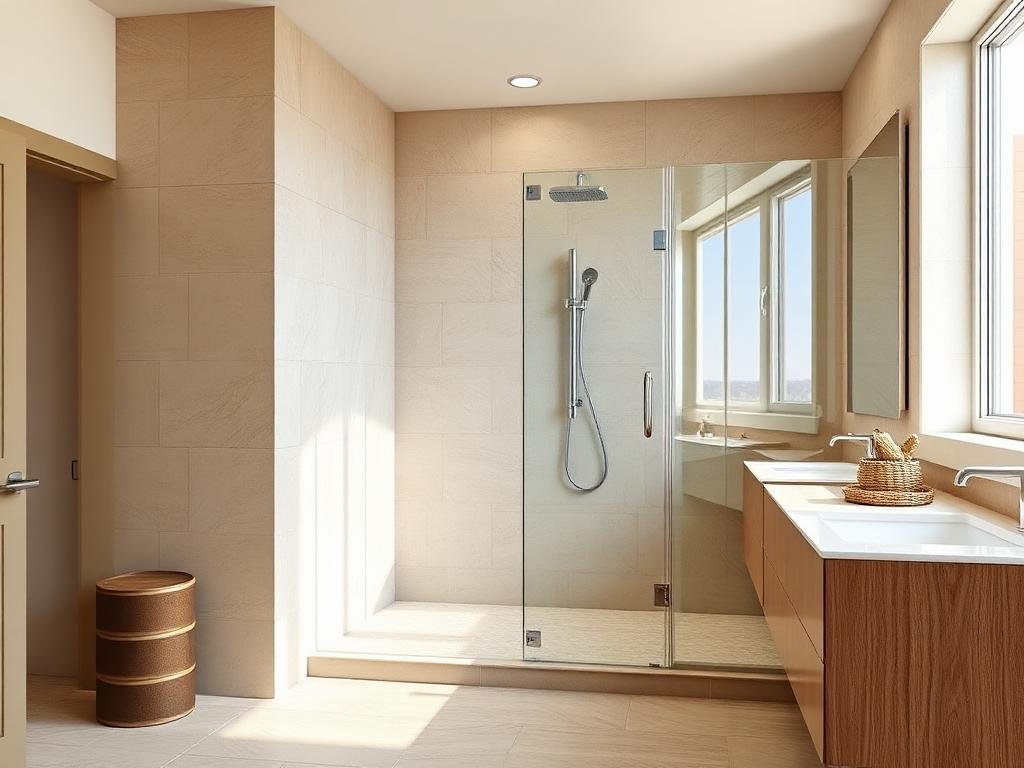 Salle de bain rénovée avec douche à l'italienne et carrelage grand format