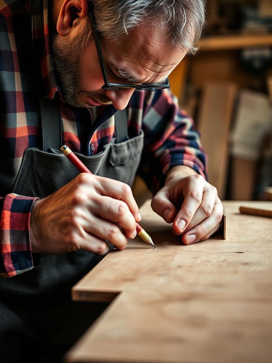Artisan au travail dans son atelier, mesure et marquage du bois