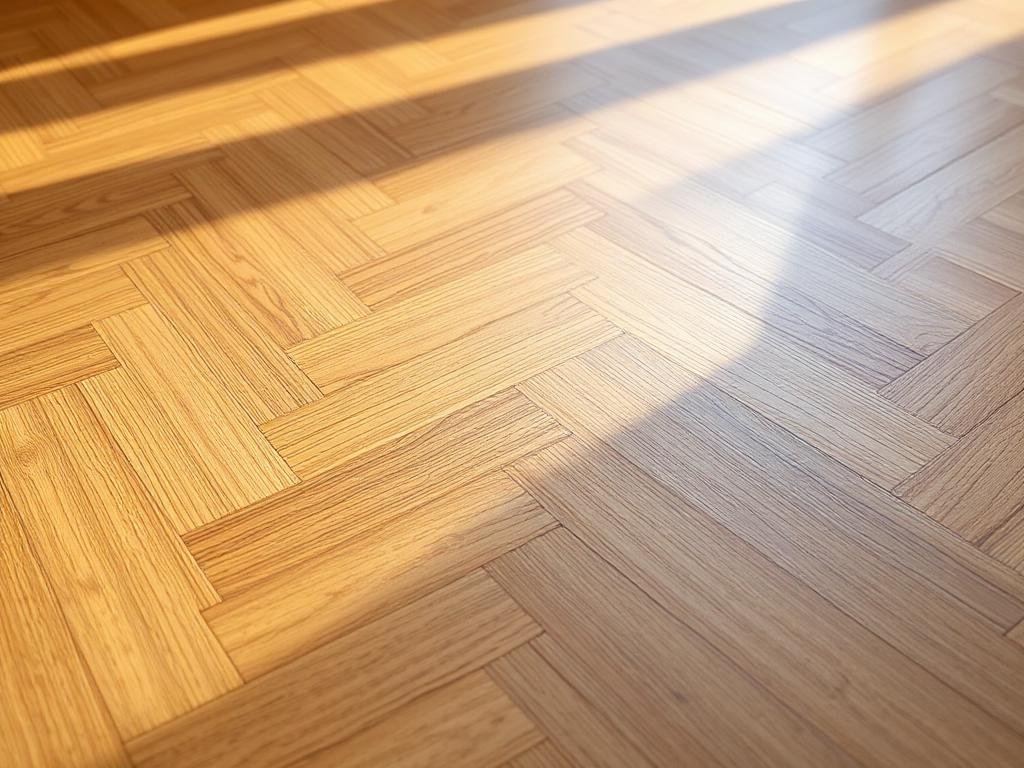 Parquet en chêne fraîchement posé, motif chevron, lumière naturelle
